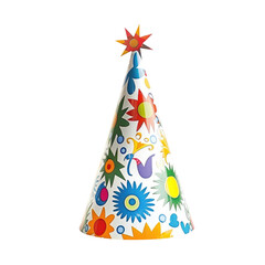 Colorful party hat with floral designs for festive celebrations and events in a transparent background