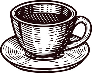 Hand drawn ceramic coffee cup with saucer in vintage engraved illustration