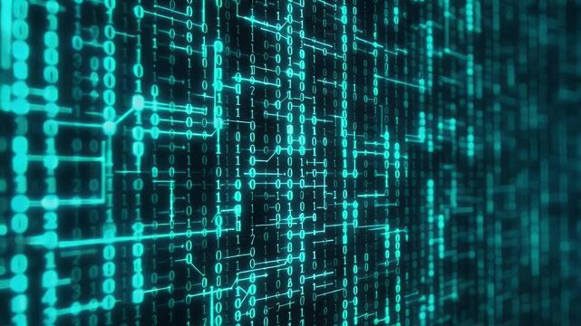 Abstract digital matrix of glowing cyan binary code flowing downwards displaying data processing and technological concepts against dark background