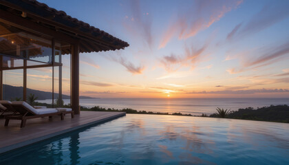 Luxurious beachfront villa with infinity pool overlooking a vibrant sunset over the ocean.