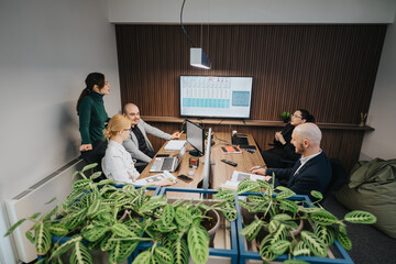 Coworkers in an office discussing a project, showcasing teamwork, collaboration, and productivity...