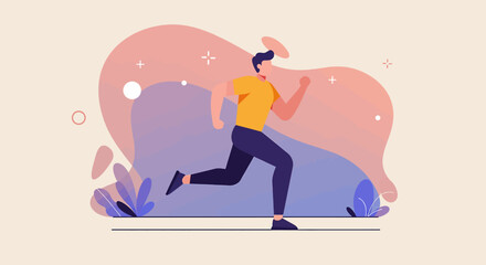 Fototapeta premium A vibrant illustration of a man jogging outdoors, perfect for websites, presentations, and marketing materials needing an active, healthy lifestyle concept, with a flat design style.