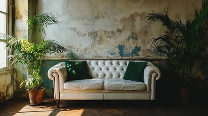 Rustic living room with plants and white sofa