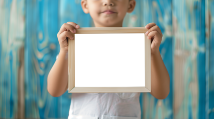 Child holds empty wooden frame in front of colorful wooden background during playful indoor activity