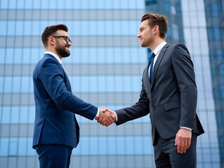 Business professionals concluding a successful deal with a handshake near a modern glass building, representing collaboration.