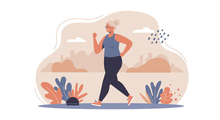 A happy senior woman is power walking outdoors in a park, enjoying a healthy active lifestyle, in a flat design illustration perfect for a landing page banner or presentation.