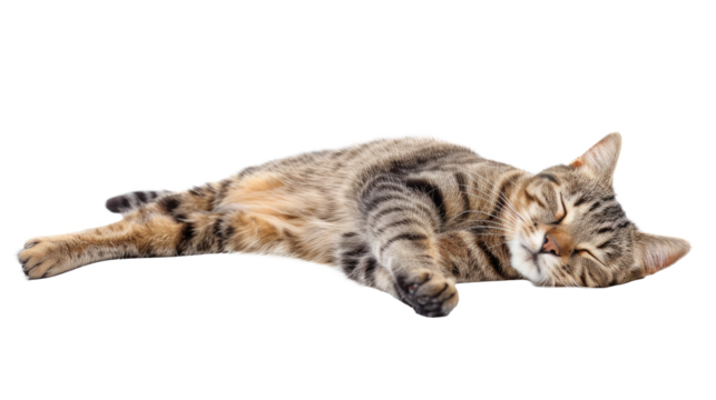 Sleepy tabby cat lying peacefully on a transparent background during a sunny day indoors
