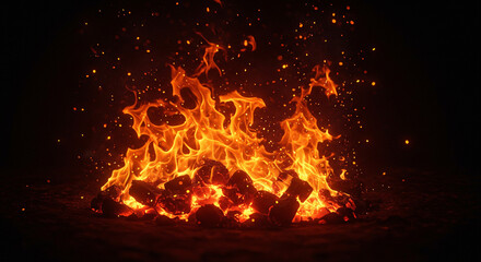 焚き火の炎と燃え上がる薪のクローズアップ