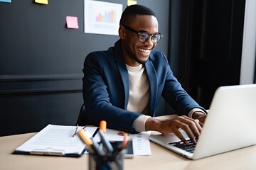 Smiling black man working on his laptop in modern office, showcasing business, technology, and happiness