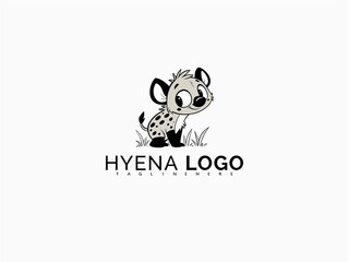 Minimalist cartoon hyena logo vector in black and white for kids. Designed for zoo merchandise, sticker labels, storybooks, and educational baby product branding.

