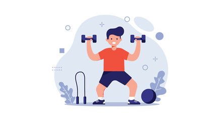 A cheerful boy is exercising with dumbbells, showcasing a healthy lifestyle and fitness concept, perfect for web banners, landing pages, presentations, and marketing materials.