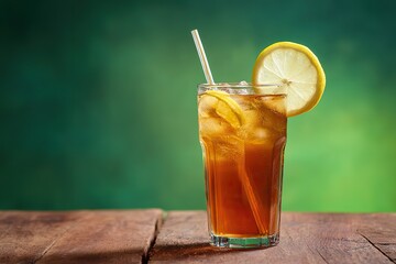 Fototapeta premium Glass of sweet refreshing iced tea with lemon slice and straw on wooden table, blurred green garden background, copy space.
