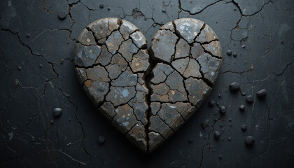 A cracked, stone heart lies broken on a dark, textured surface.