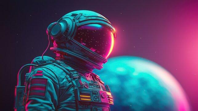 Neon astronaut gazes upon a glowing planet