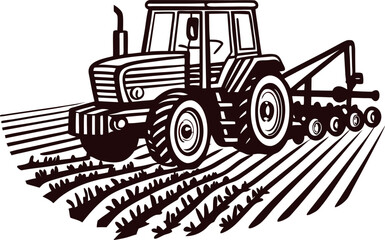 Vintage engraved illustration of farm tractor plowing a field with attached tillage equipment, stylized in retro drawing