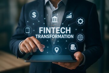 An executive navigates a digital interface. The scene showcases financial technology transformation. This represents the cutting edge of financial service innovation.