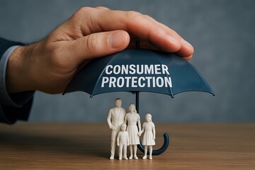 A symbolic representation of consumer protection, an umbrella shelters a family, with a hand of protection. conveying security, peace of mind, and financial safety.