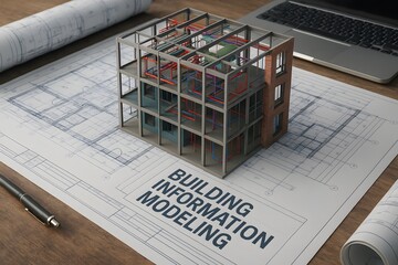 A detailed architectural model sits atop blueprints, exemplifying the essence of Building Information Modeling. A modern workspace is equipped for architectural planning and design.