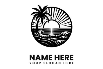 A stylized black and white logo featuring a beach scene with a palm tree, ocean waves, and a setting sun.