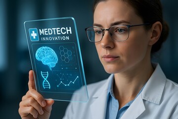 An innovative woman doctor wearing eyeglasses and a lab coat looks thoughtfully at a futuristic transparent device displaying the words "Medtech innovation," a medical cross.