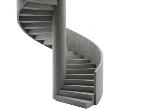 Modern concrete spiral staircase with central column isolated on transparent background