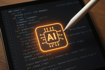 A digital illustration captures an AI concept, where a glowing AI icon overlaying code on a tablet, is complemented by a stylus hovering to make this subject is clear.
