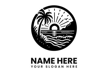 A stylized black and white logo depicting a beach scene with palm tree and sunrise.
