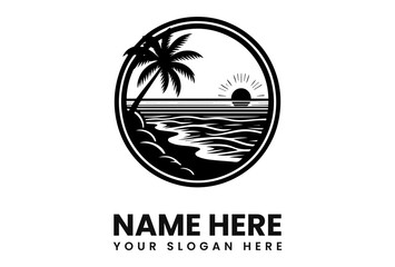 Black and white graphic design of a tropical beach scene in a circle.