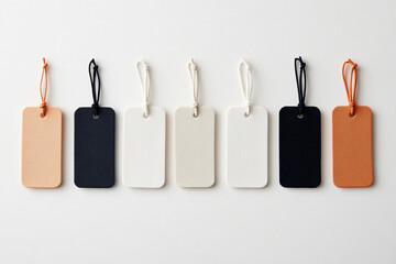 Fabric Texture Tags with Strings arranged Straight Horizontal Line on a white background