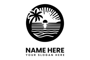 Black and white logo depicting a sunset over the ocean with a palm tree, enclosed in a circle.