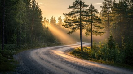 Fototapeta premium Winding road through a sunlit forest at sunrise.