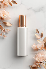 Cosmetic Bottle Mockup with Elegant Rose Gold Cap on a clean white background