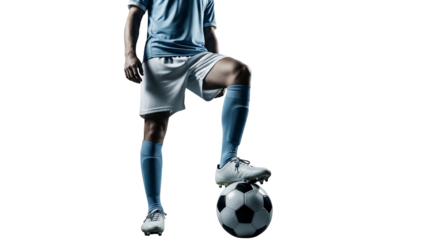 Soccer player in blue and white uniform with one foot resting on a soccer ball, isolated on a white background