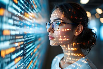 Young woman analyzes code on screen, displaying software development expertise in modern technology, artificial intelligence.
