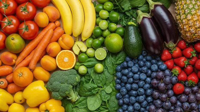 Colorful Display of Fresh Fruits and Vegetables at a Market Stall in the Afternoon