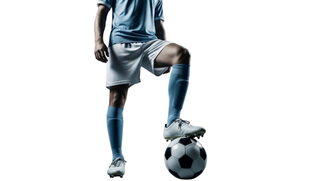 Soccer player in blue and white uniform with one foot resting on a soccer ball, isolated on a white background