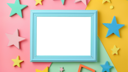 Bright and colorful decorative frame surrounded by various star shapes on a pastel background