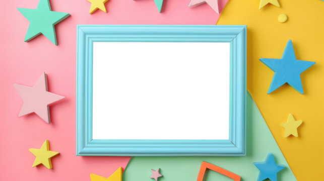 Bright and colorful decorative frame surrounded by various star shapes on a pastel background