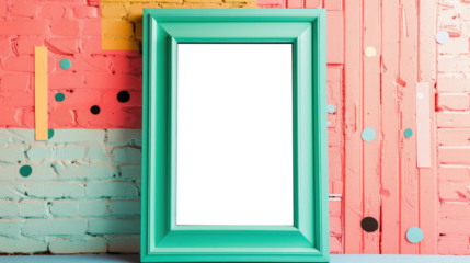 Bright turquoise frame stands against a colorful, textured wall in a modern decor setting ideal for artistic displays or reflections