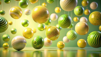 Fototapeta premium Suspended Shiny Spheres with Diverse Patterns in Vibrant Yellow and Green Hues