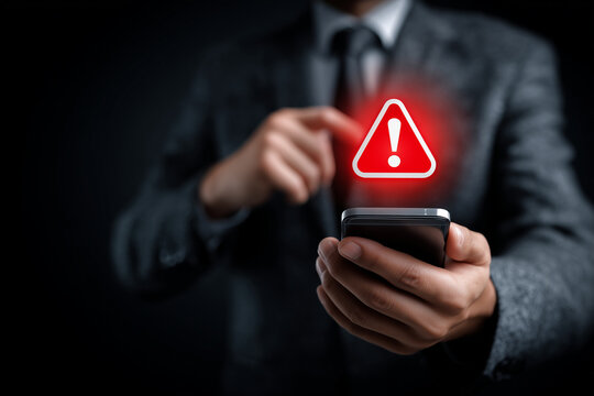 Businessman using a smartphone with an exclamation mark icon and a red warning sign