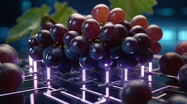 Ultra high resolution 8K zoomed-in image of a bunch of ripe purple grapes connected to thin, glowing AI data cables, with metallic nodes or sensors embedded into the grapes. The cables are linked to a