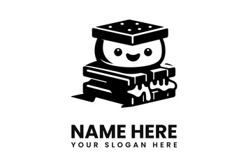 Adorable cartoon s'more character, stacked layers, happy expression, logo design template.