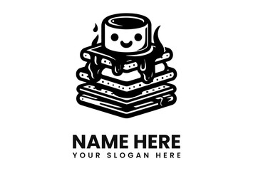 A cheerful marshmallow character sits atop a stack of graham crackers and chocolate.