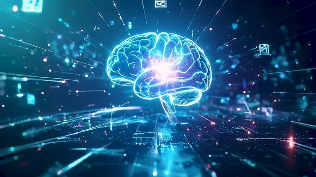 Glowing digital brain immersed in a flow of data icons representing subconscious learning, information streaming into the mind through futuristic neural interfaces in a dreamlike digital space.