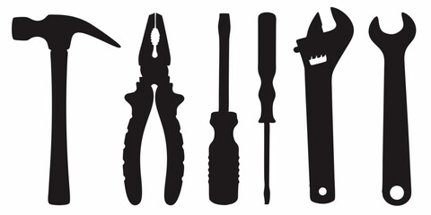 Handyman tools silhouette vector: hammer, pliers, screwdriver, wrench, adjustable wrench, spanner vector
