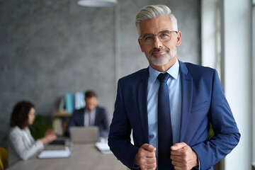 Confident businessman in blue suit presents a professional image, embodying leadership and success within a modern office setting.