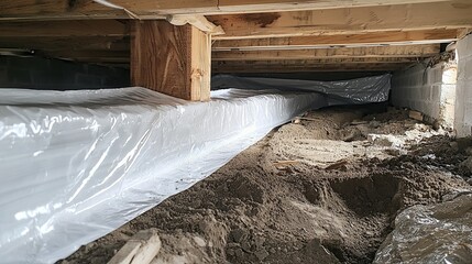 Crawl space with vapor barrier installation along foundation wall and support beams