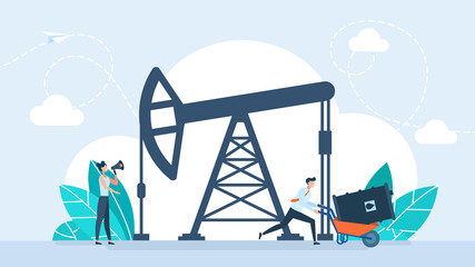 Oil industry. Energy source industry. Oilfield exploration with derrick rig, energy and petroleum production. Tiny people control oil crude extraction, work of drilling pumpjack. Flat illustration