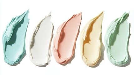 Colorful smears of cosmetic cream on white background in soft natural light